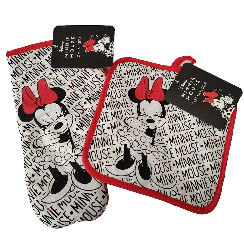Disney Minnie Mouse Oven Mitt Pot Holder Red Black White 2 Pieces